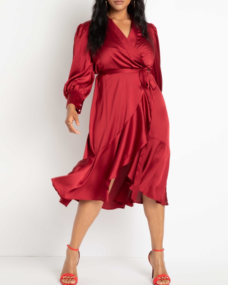 Front of a model wearing a size 14 Layan Satin Wrap Dress in Biking Red by ELOQUII. | dia_product_style_image_id:216992